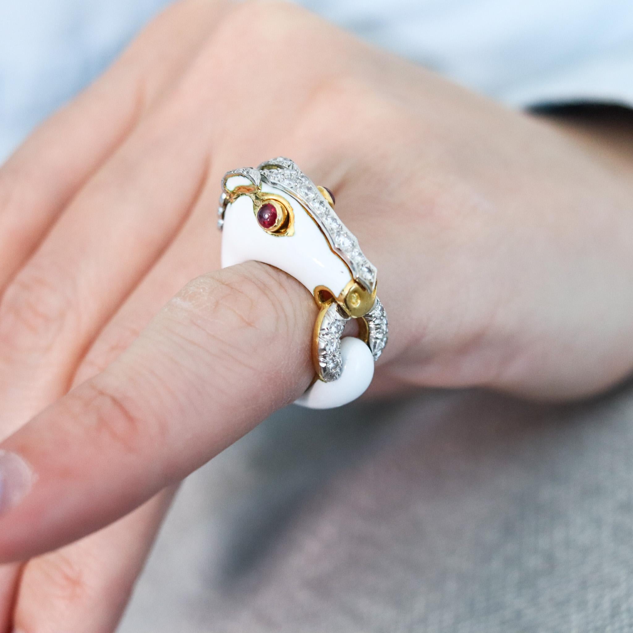 David Webb Enameled Horse Ring In 18Kt Gold And Platinum With Diamonds & Rubies For Sale 2