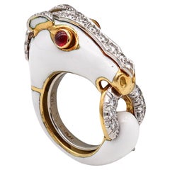 David Webb Enameled Horse Ring In 18Kt Gold And Platinum With Diamonds & Rubies