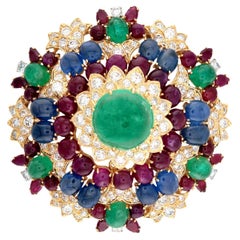 DAVID WEBB Estate 18k Smaragd, Diamant, Saphir und Rubin Starburst Brosche