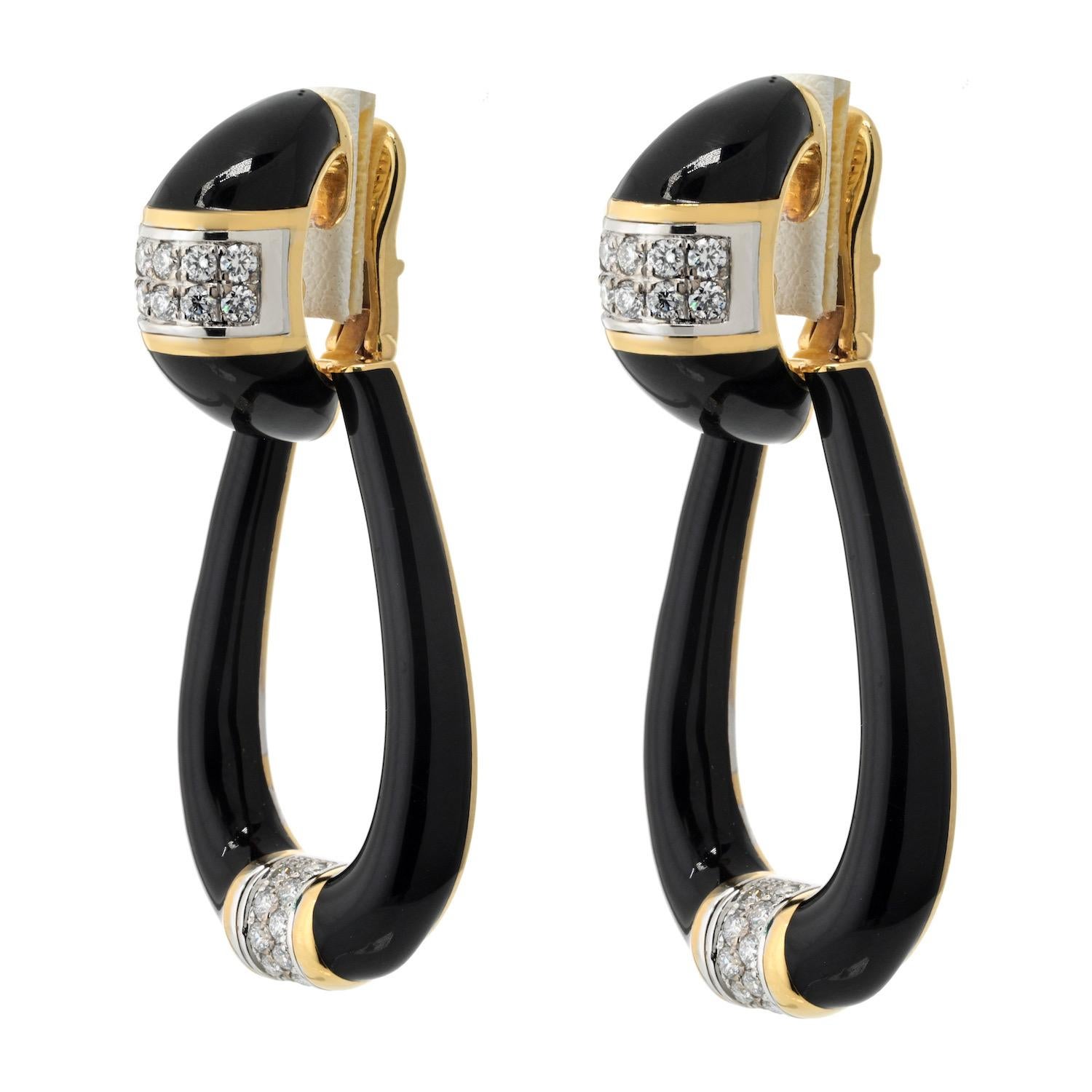 Modern David Webb Estate Door Knocker Black Enamel 18K Yellow Gold Diamond Earrings For Sale