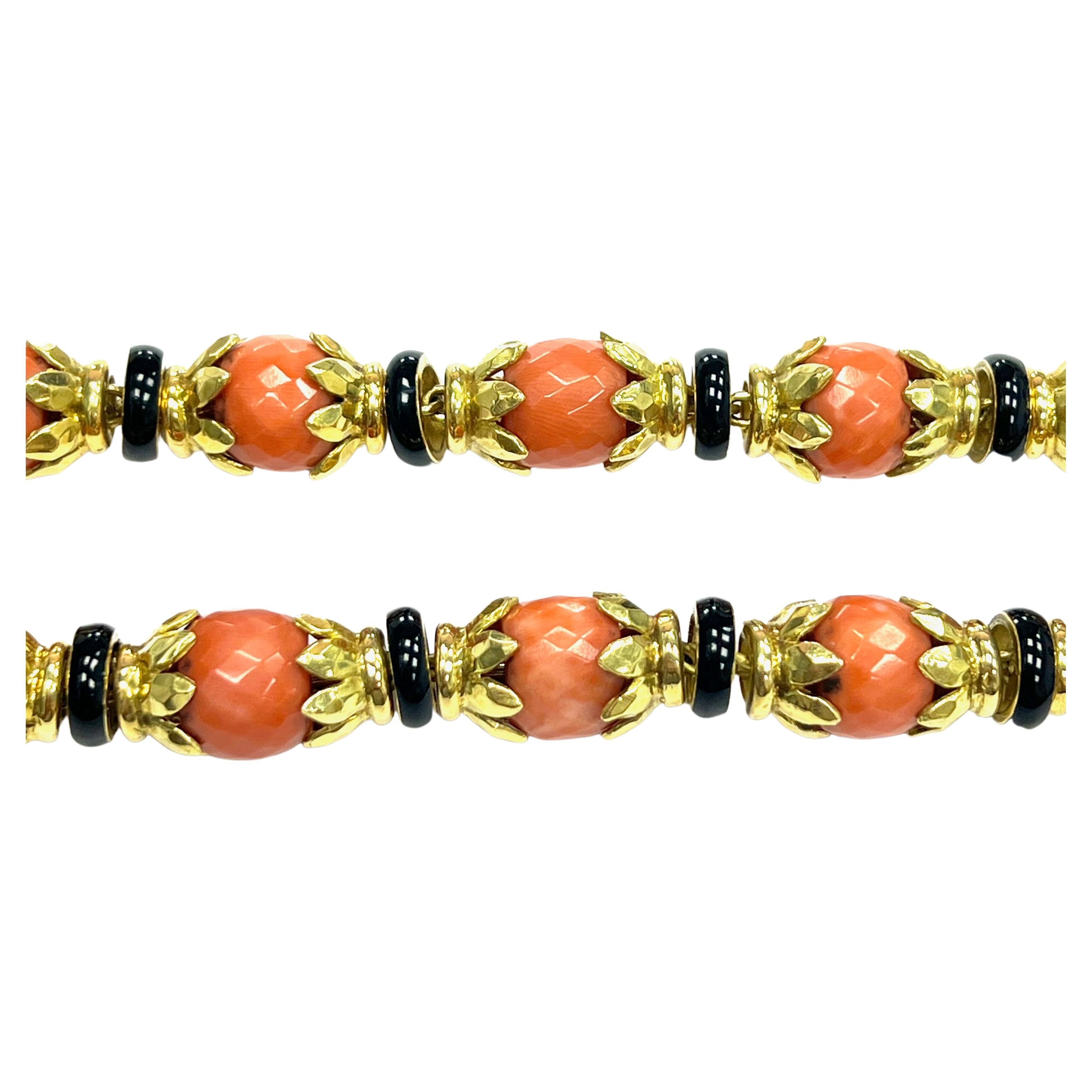 Uncut David Webb Faceted Coral Black Onyx 18k Yellow Gold Necklace For Sale