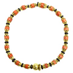 Retro David Webb Faceted Coral Black Onyx 18k Yellow Gold Necklace