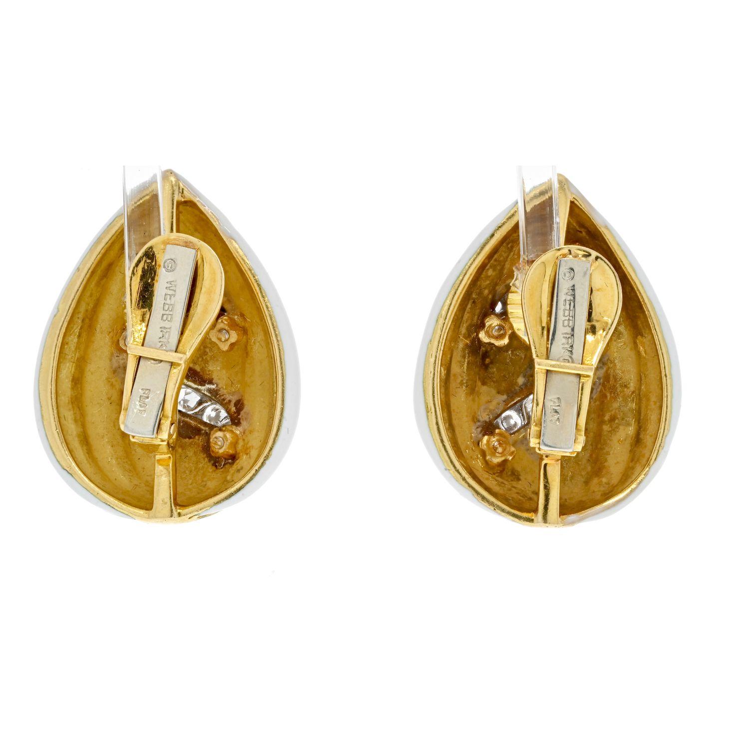 Round Cut David Webb Fluted Almonds White Enamel And Diamond Earrings For Sale