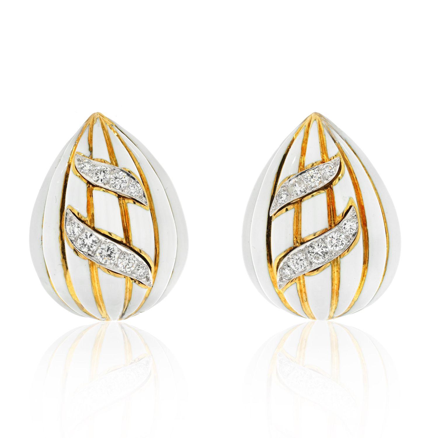 David Webb Fluted Almonds White Enamel And Diamond Earrings In Excellent Condition For Sale In New York, NY