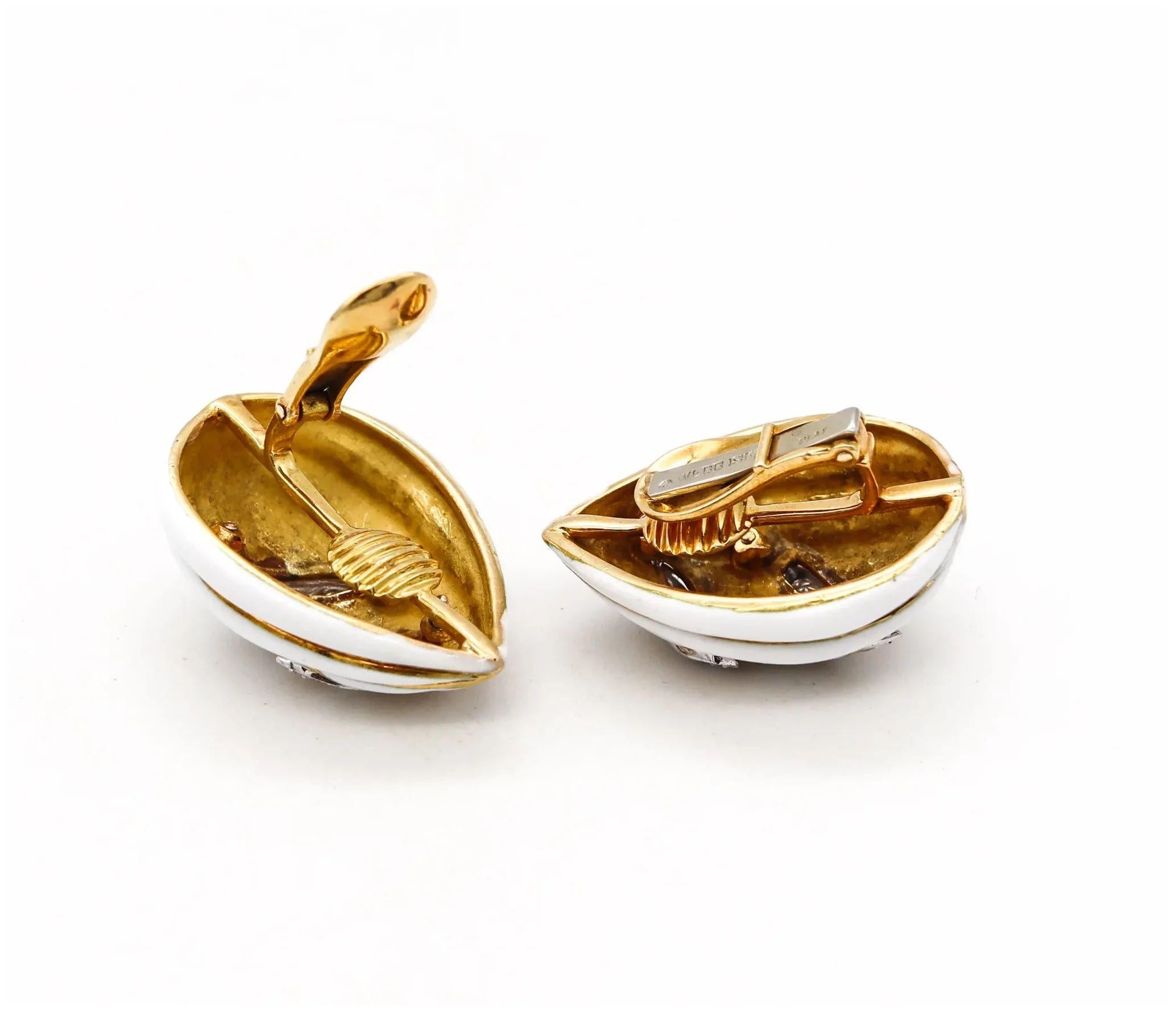 David Webb Fluted Almonds White Enamel And Diamond Earrings For Sale 1
