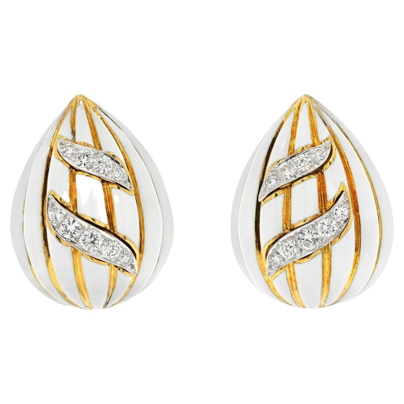 David Webb Fluted Almonds White Enamel And Diamond Earrings For Sale