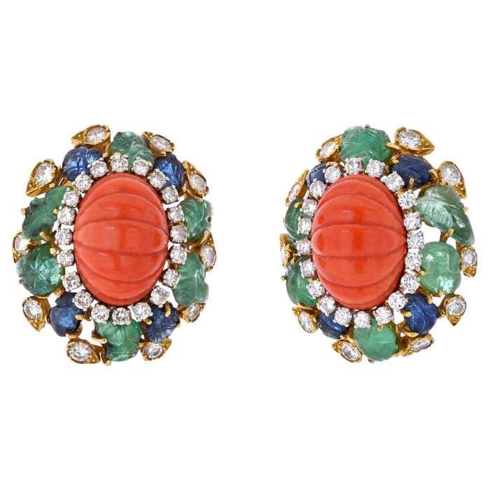 David Webb Fluted Coral, Carved Emerald, Sapphire and Diamond Earrings ...