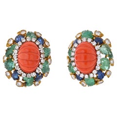 David Webb Fluted Coral, Carved Emerald, Sapphire and Diamond Earrings