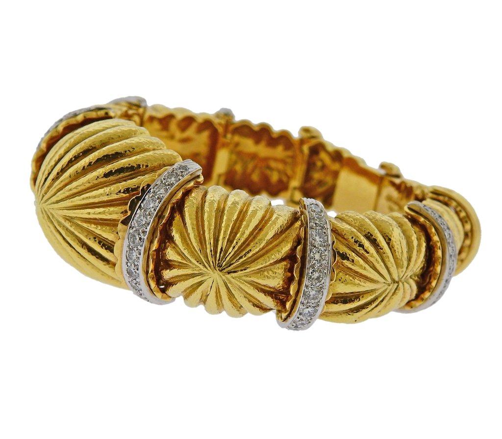 David Webb 18k gold and platinum dome bracelet, set with approx. 4.00ctw in H/VS diamonds. Bracelet will fit approx. 7 - 7.5
