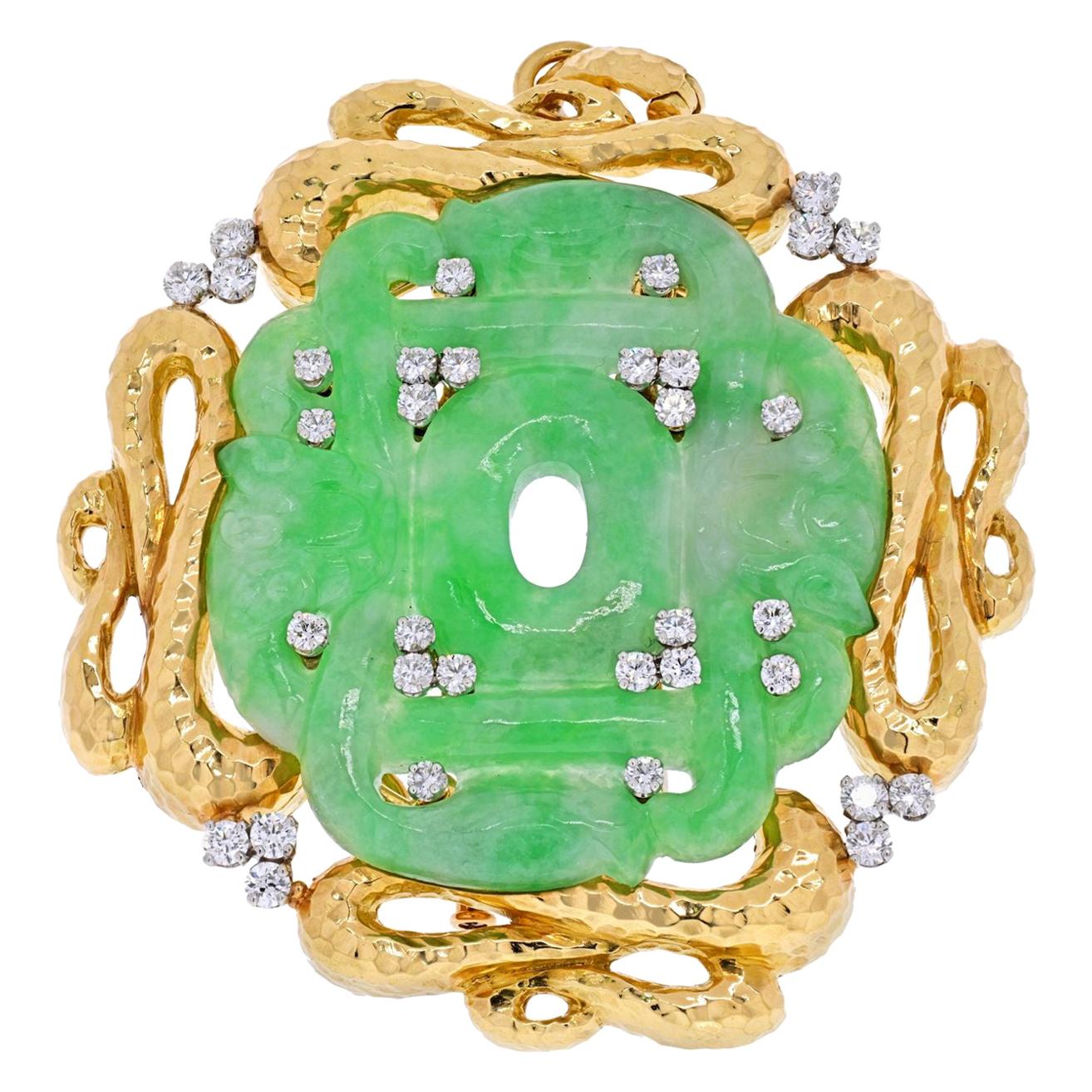David Webb French Jade Gold and Diamond Brooch Pendant