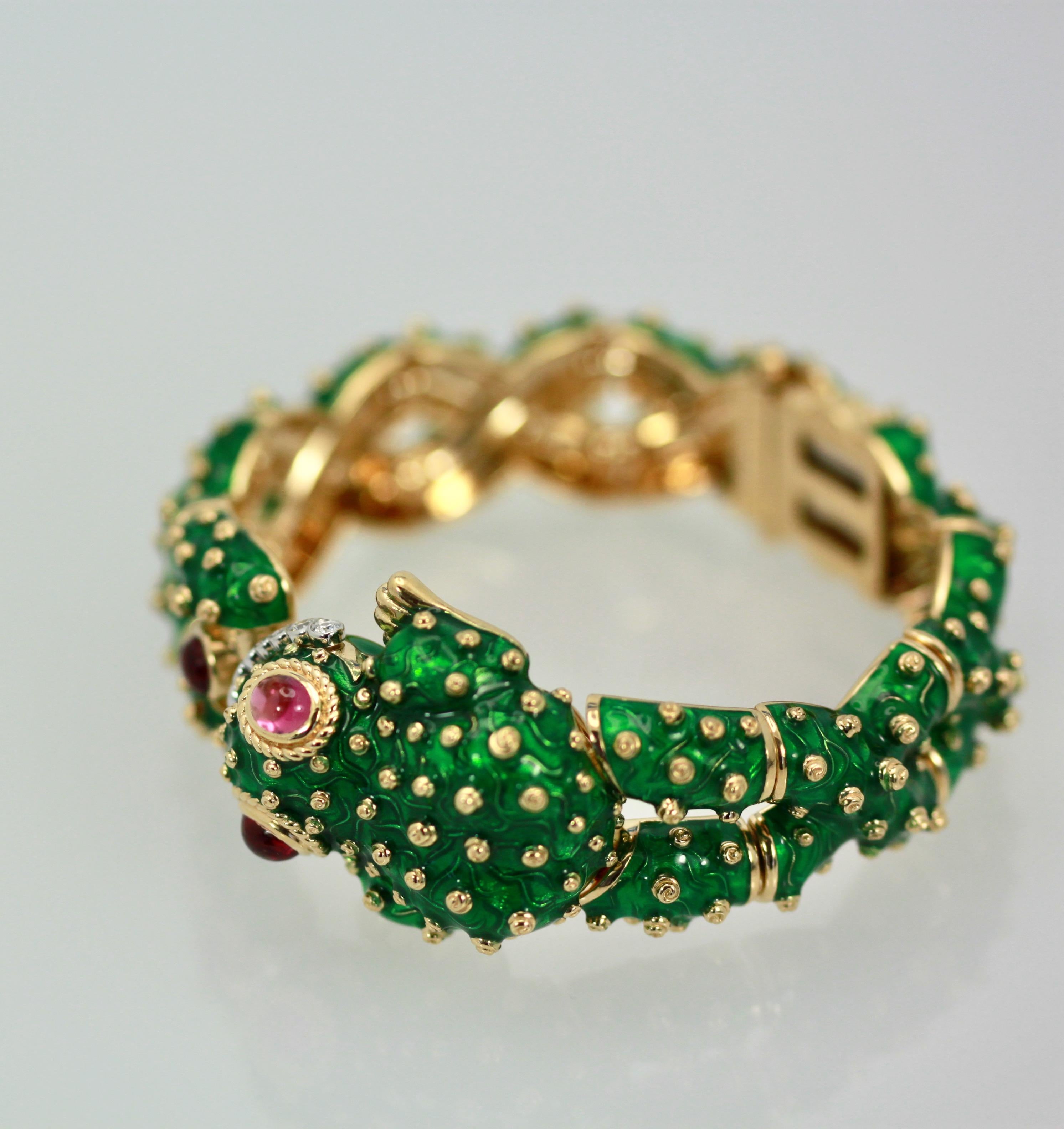 This gorgeous David Webb Frog bracelet is amazing and for a smaller wrist.  Most David Webb bracelets are large if you have a small wrist like myself.  This bracelet fits a smaller wrist size 6 to 7 1/2