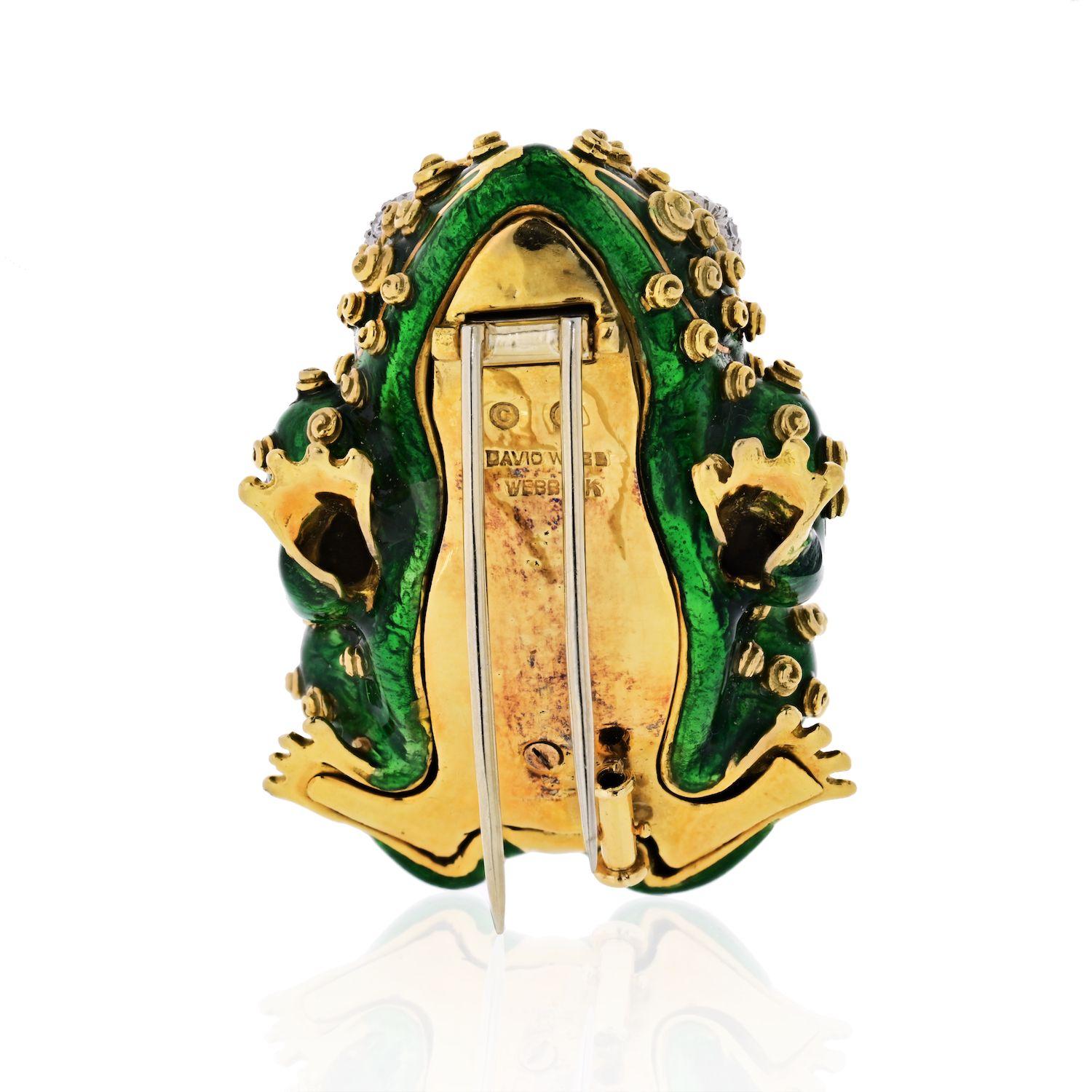 Modern David Webb Frog Platinum and 18 Karat Gold Green Frog, Enamel, Diamonds Brooch For Sale