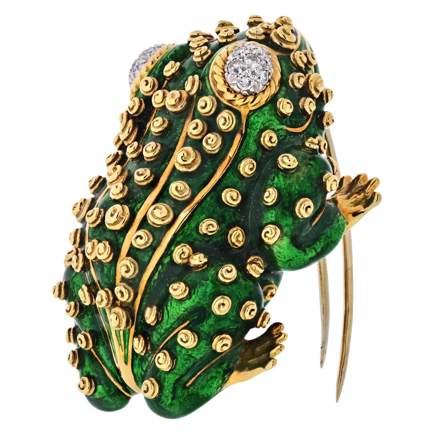 David Webb Frog Platinum and 18 Karat Gold Green Frog, Enamel, Diamonds Brooch