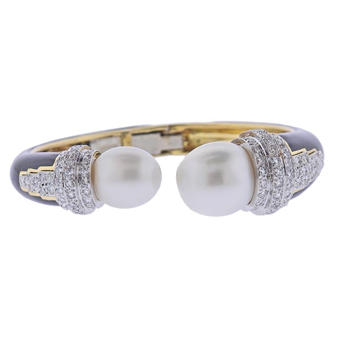 Women's David Webb Gatsby Pearl Platinum Gold Enamel Diamond Bracelet For Sale
