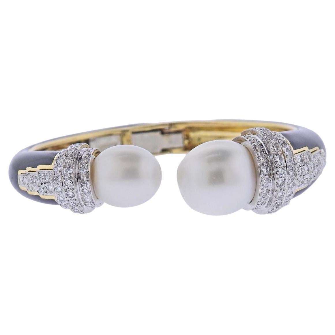 David Webb Gatsby Pearl Platinum Gold Enamel Diamond Bracelet For Sale