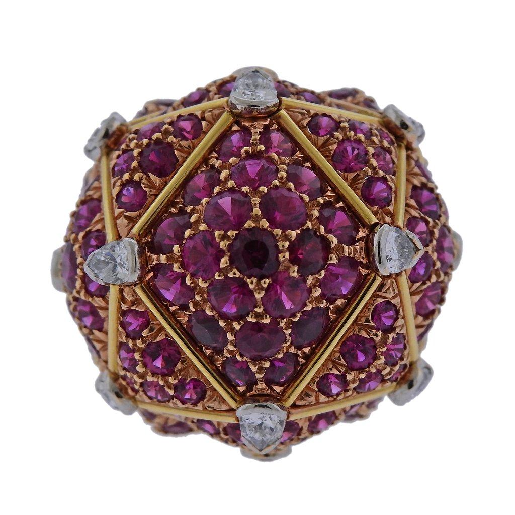 Impressive cocktail ring, crafted by David Webb for Geodesic collection, set with rubies and approx. 2.20ctw in H/VS diamonds. Retail $46000. Ring size -  6.5, ring top is 29mm x 28mm, sits approx. 16mm from top of the finger and weighs 35.5 grams.