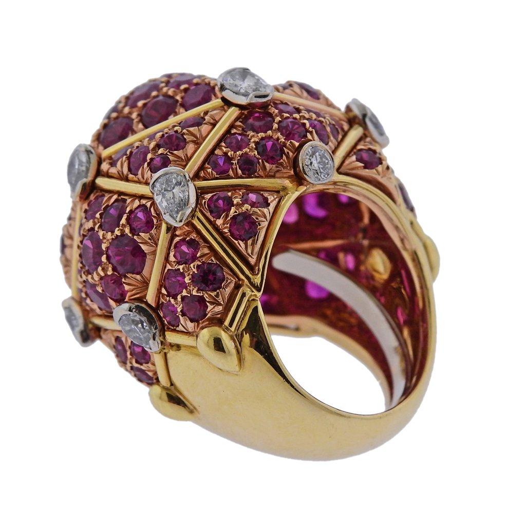 David Webb Geodesic Diamond Ruby Gold Platinum Dome Ring In Excellent Condition In Lambertville, NJ