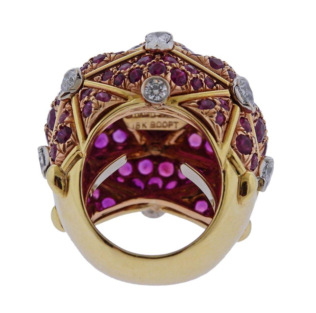 Women's or Men's David Webb Geodesic Diamond Ruby Gold Platinum Dome Ring