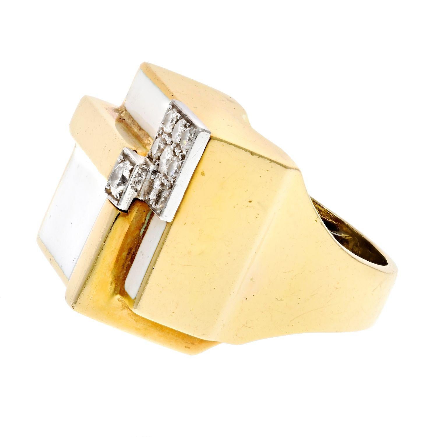 Modern David Webb Geometric White Enamel Diamond Cocktail Ring For Sale