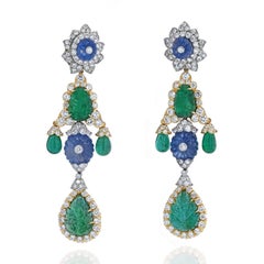 David Webb Girandole Carved Emerald and Diamond Dangle Earrings
