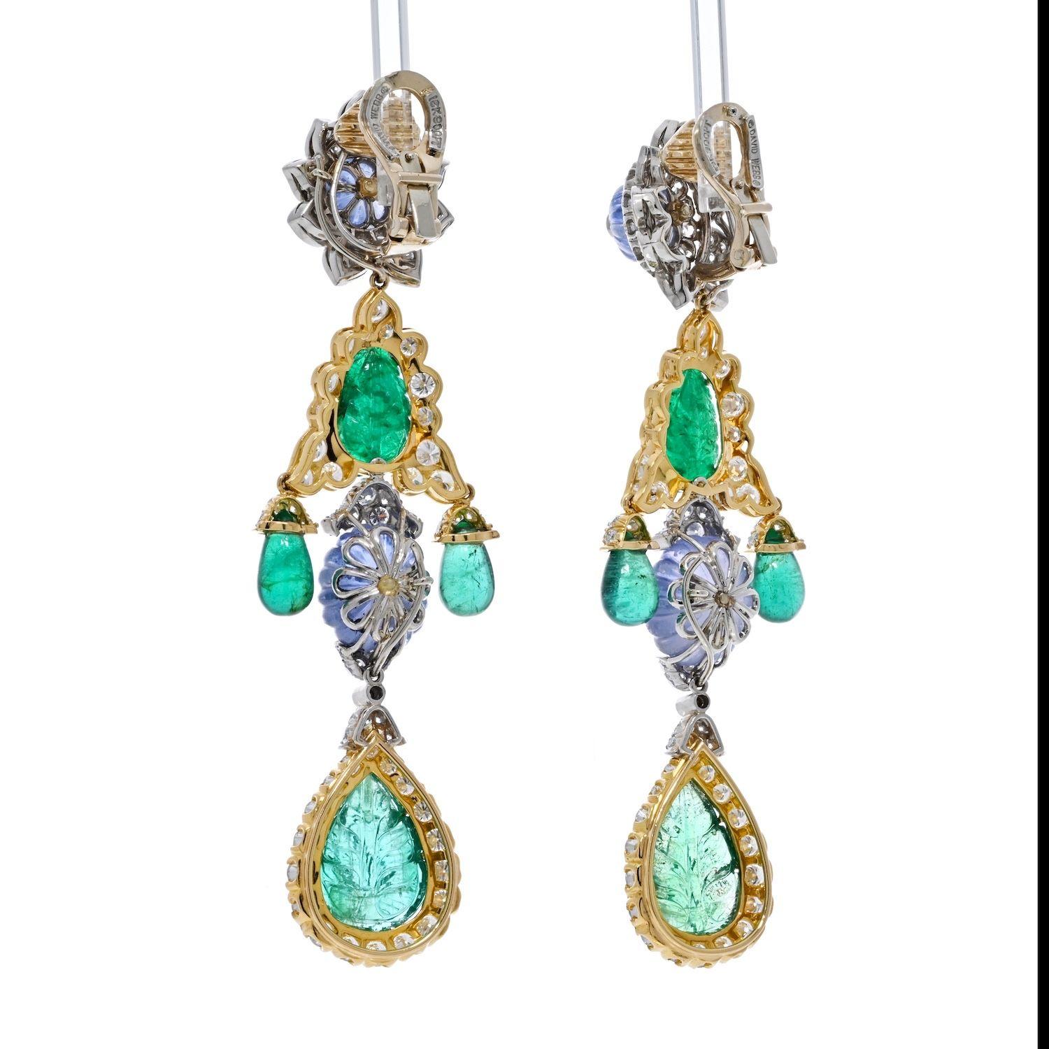 Modern David Webb Girandole Carved Emerald and Diamond Dangle Earrings For Sale