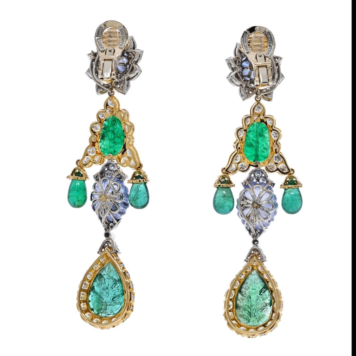 Round Cut David Webb Girandole Carved Emerald and Diamond Dangle Earrings For Sale