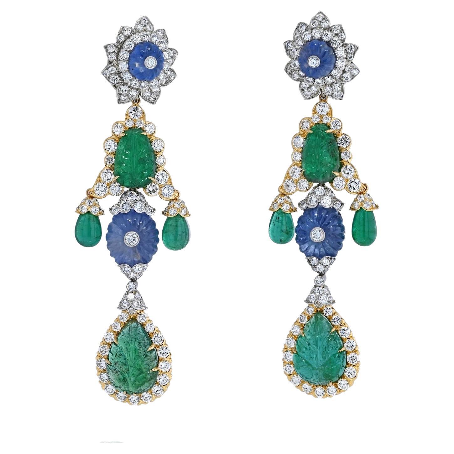 David Webb Girandole Carved Emerald and Diamond Dangle Earrings For Sale