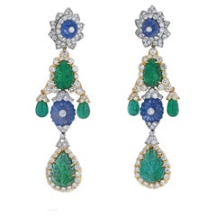 David Webb Girandole Carved Emerald and Diamond Dangle Earrings