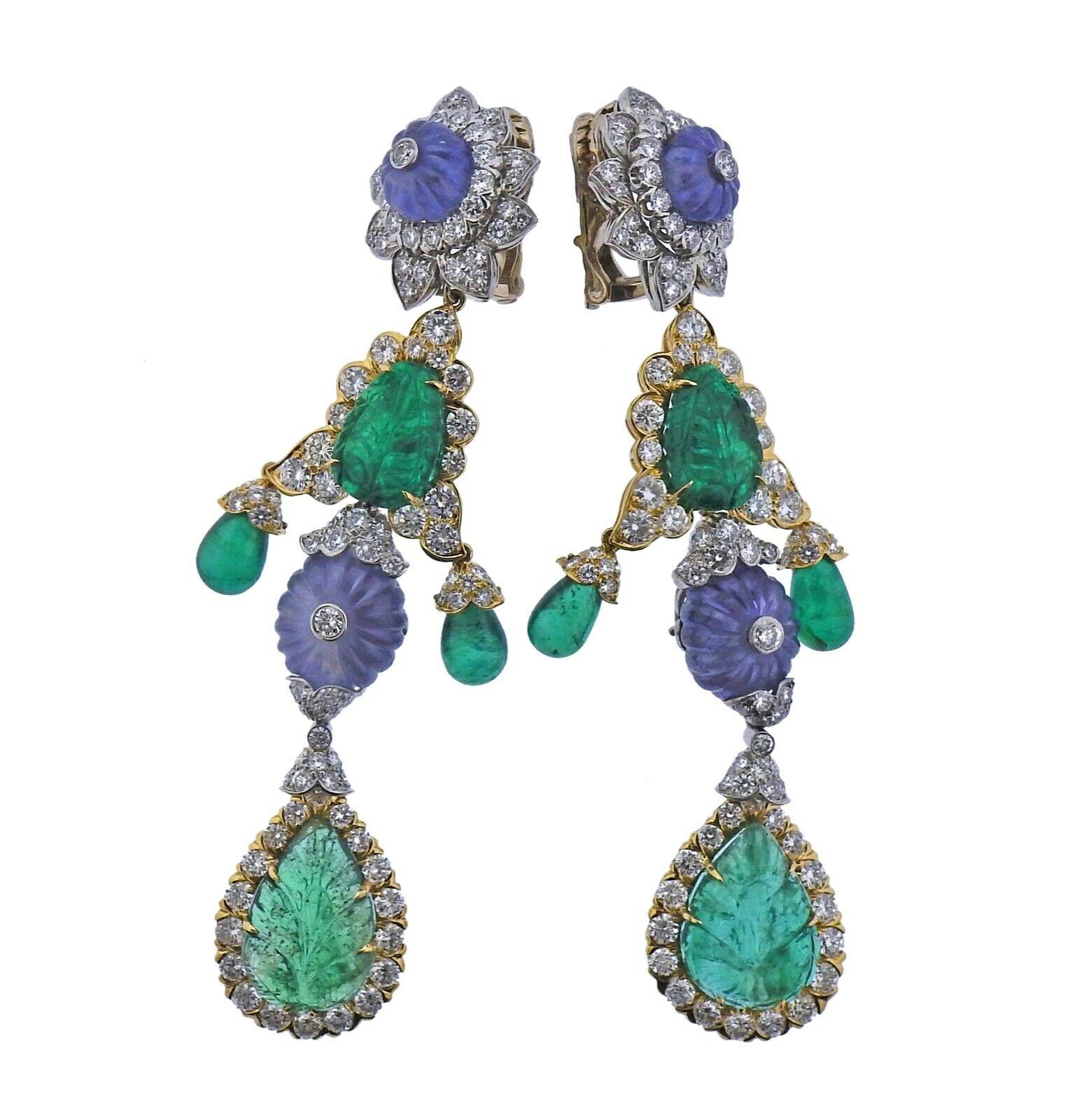 Round Cut David Webb Girandole Gold Platinum Sapphire Emerald Diamond Drop Earrings For Sale