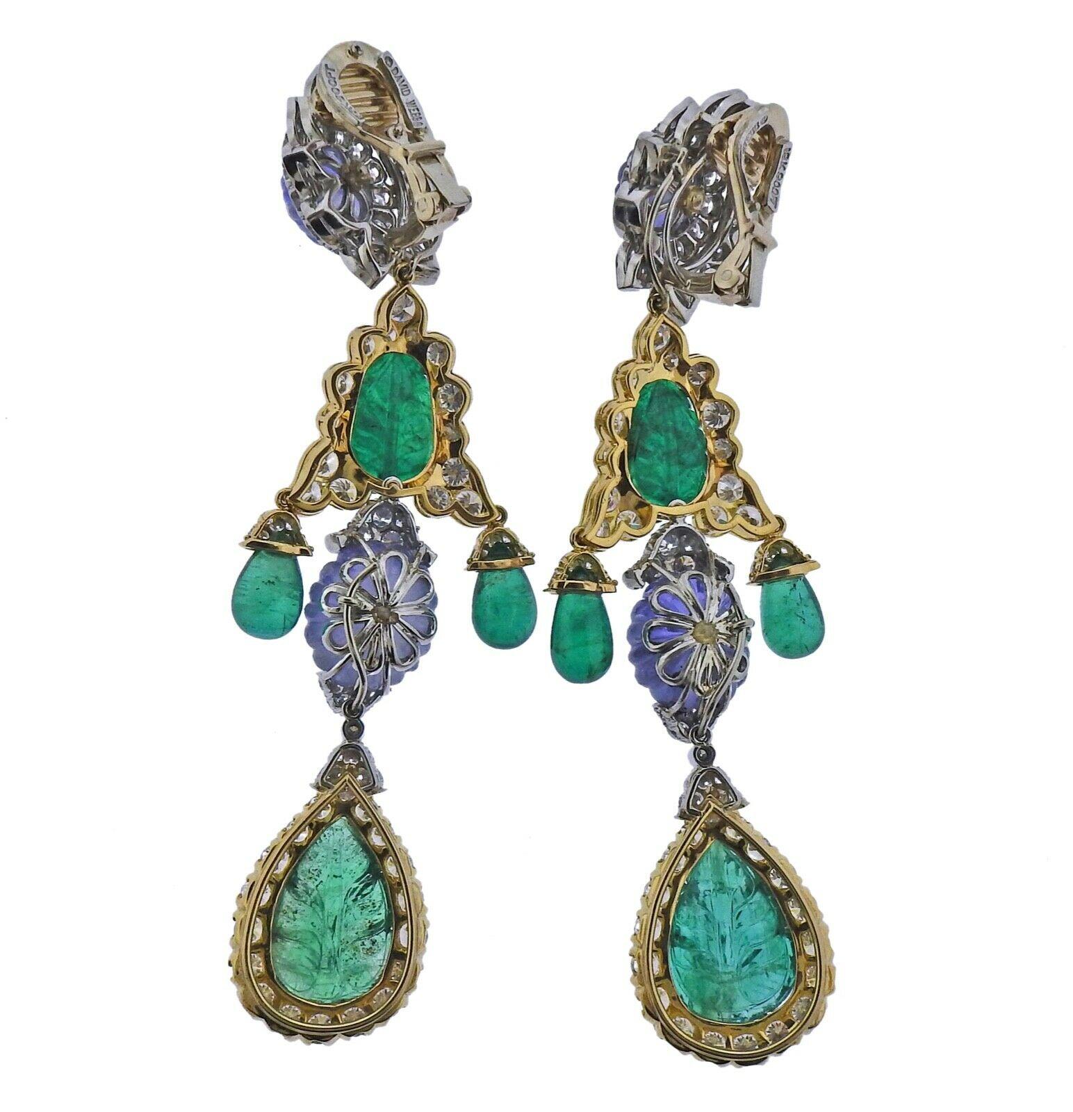 David Webb Girandole Gold Platinum Sapphire Emerald Diamond Drop Earrings In Excellent Condition For Sale In Lambertville, NJ