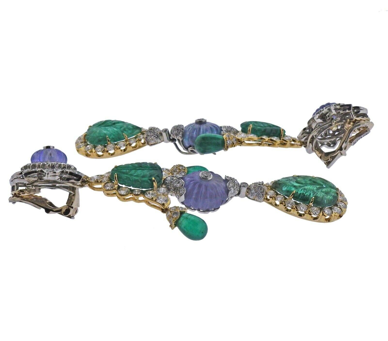 Women's or Men's David Webb Girandole Gold Platinum Sapphire Emerald Diamond Drop Earrings For Sale