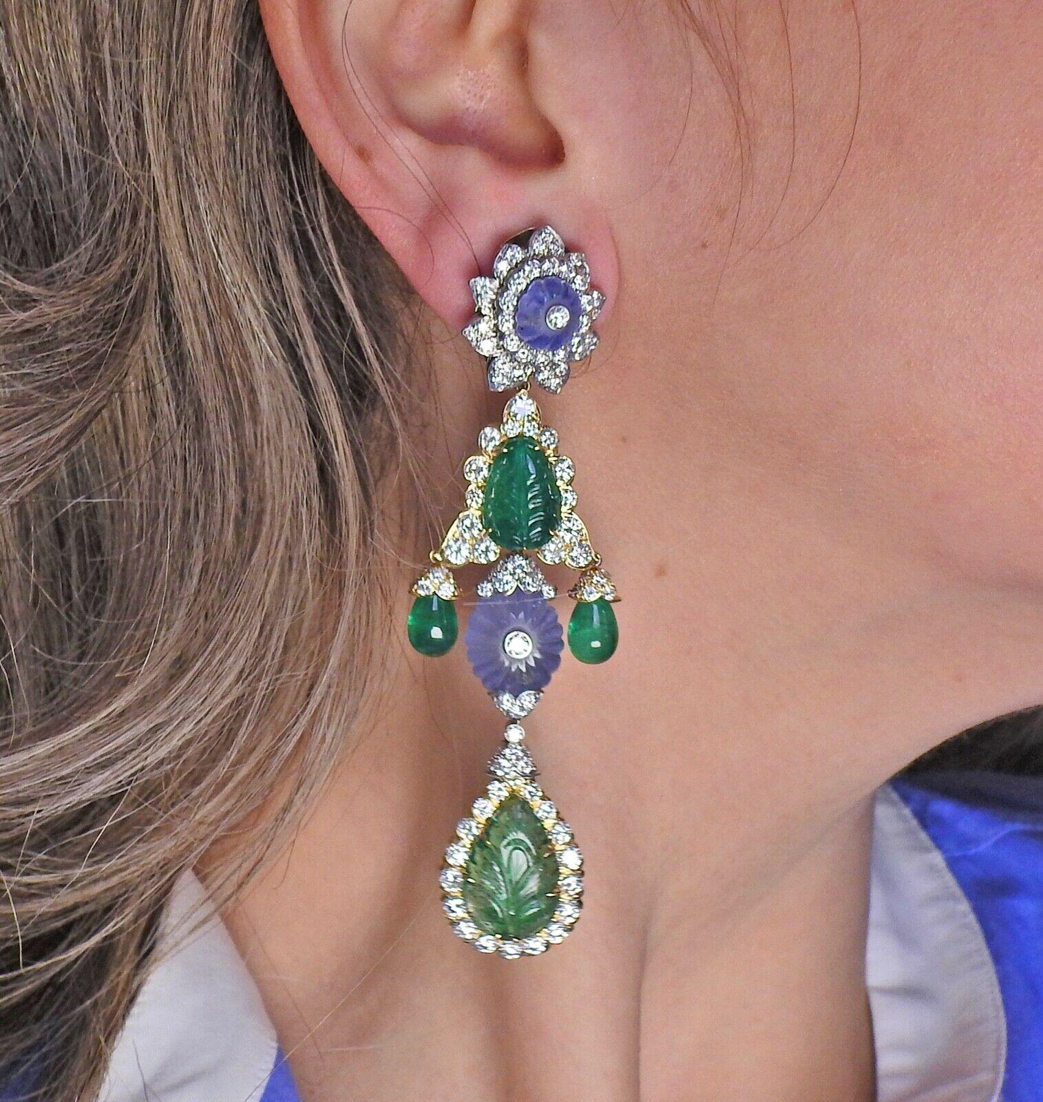David Webb Girandole Gold Platinum Sapphire Emerald Diamond Drop Earrings For Sale 2