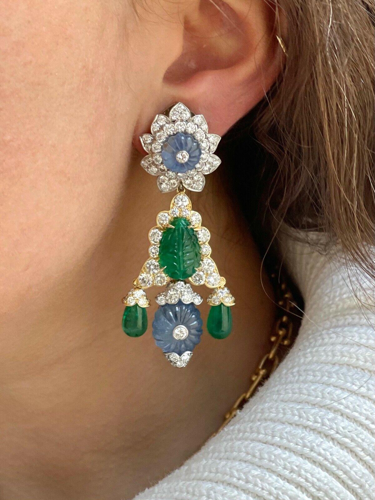 David Webb Girandole Gold Platinum Sapphire Emerald Diamond Drop Earrings For Sale 3