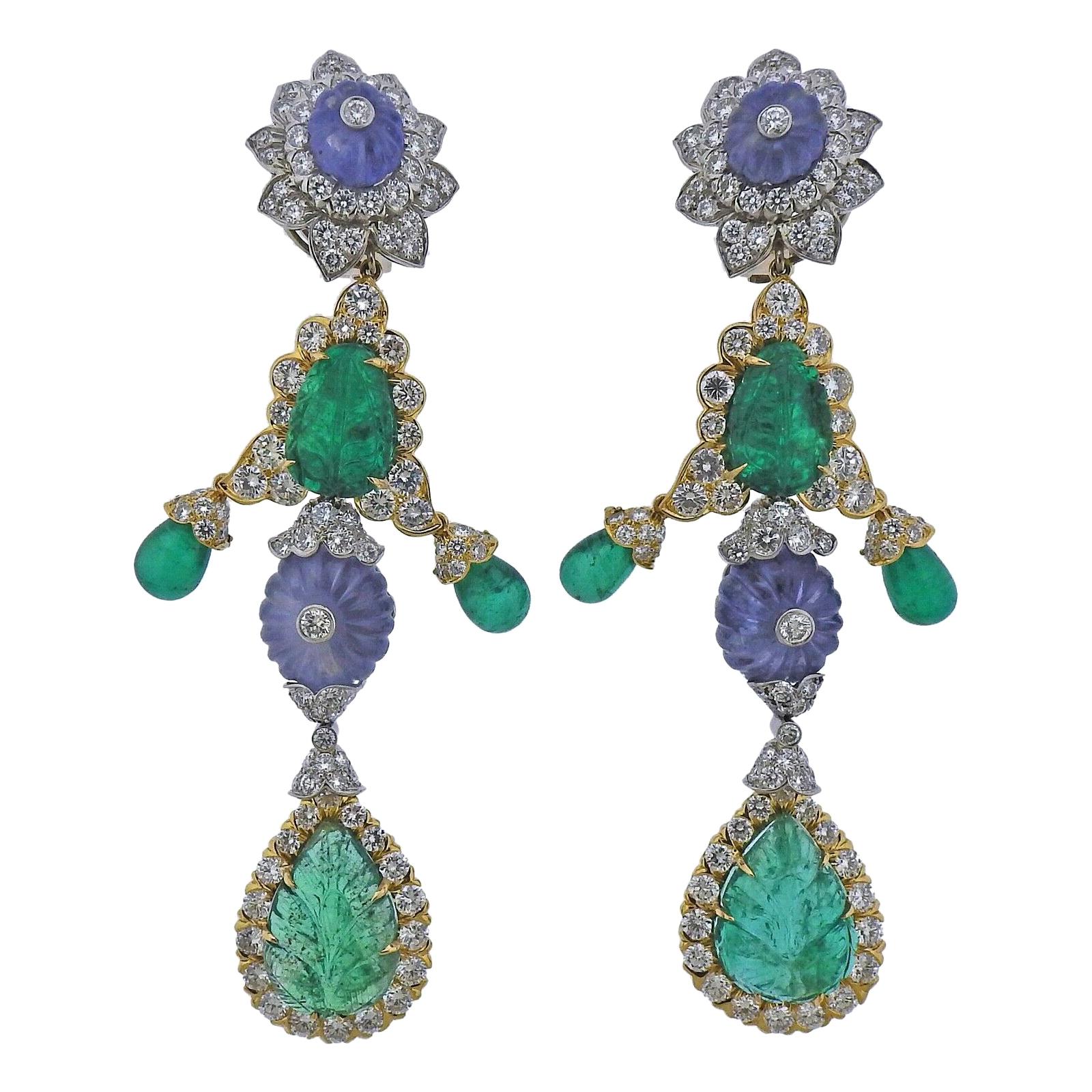 David Webb Girandole Gold Platinum Sapphire Emerald Diamond Drop Earrings For Sale