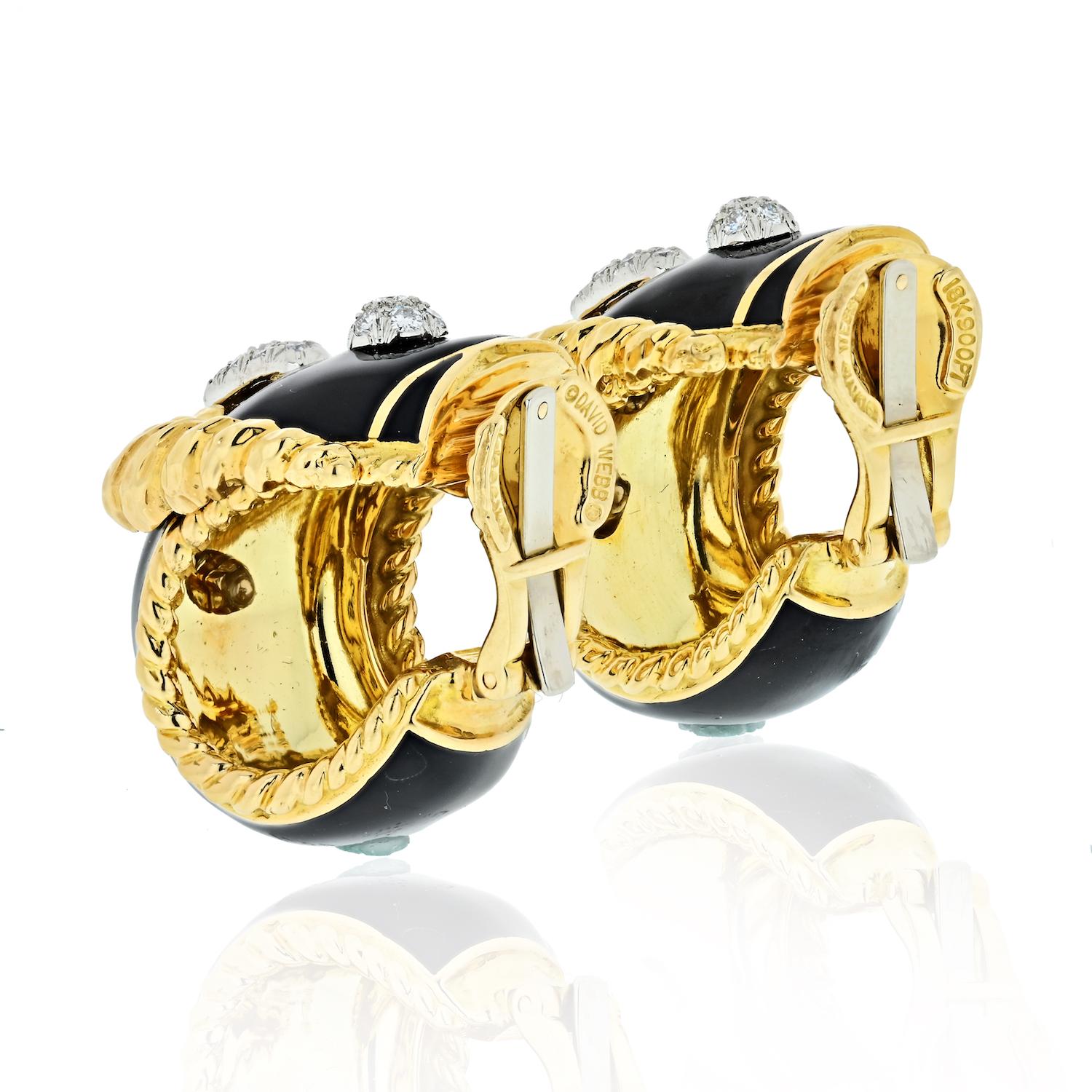 David Webb Gold 18 Karat Buckle Diamond Black Enamel Earrings In Excellent Condition In New York, NY