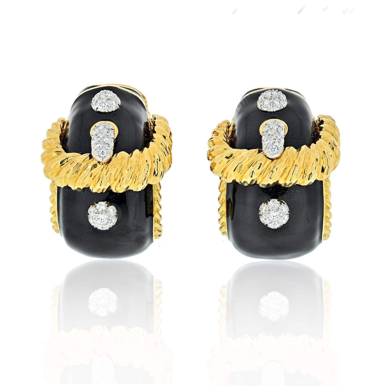 David Webb Gold 18 Karat Buckle Diamond Black Enamel Earrings 1