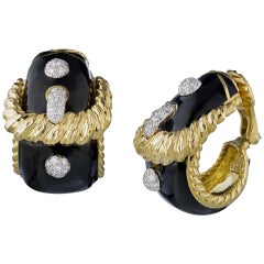 David Webb Gold 18 Karat Buckle Diamond Black Enamel Earrings