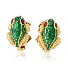 David Webb Gold 18 Karat Grün Emaille Frosch Clip-On Tier Fauna Ohrringe