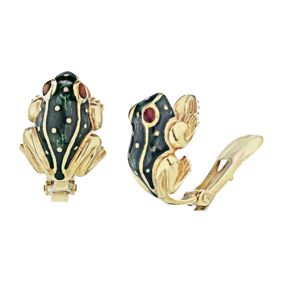 David Webb Gold 18 Karat Green Enamel Frog Clip-On Animal Fauna Earrings