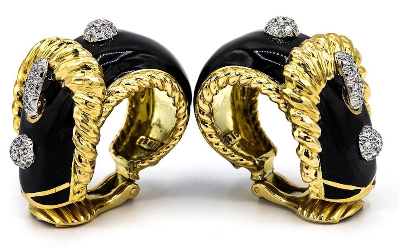 Modern David Webb Gold 18 Karat Buckle Diamond Black Enamel Earrings
