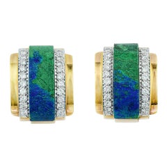 David Webb Clips d'oreilles en or et diamants en azurmalachite