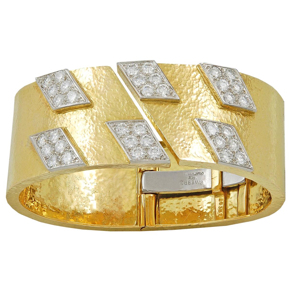 David Webb Diamond Yellow Gold Platinum Spring Cuff Bracelet