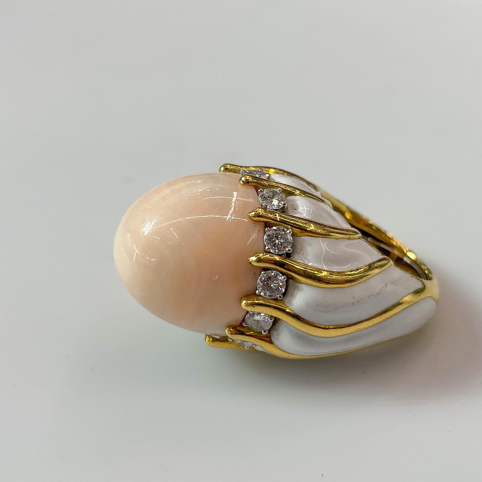 Modern David Webb Gold and Enamel Angel Skin Coral and Diamond Cocktail Ring For Sale