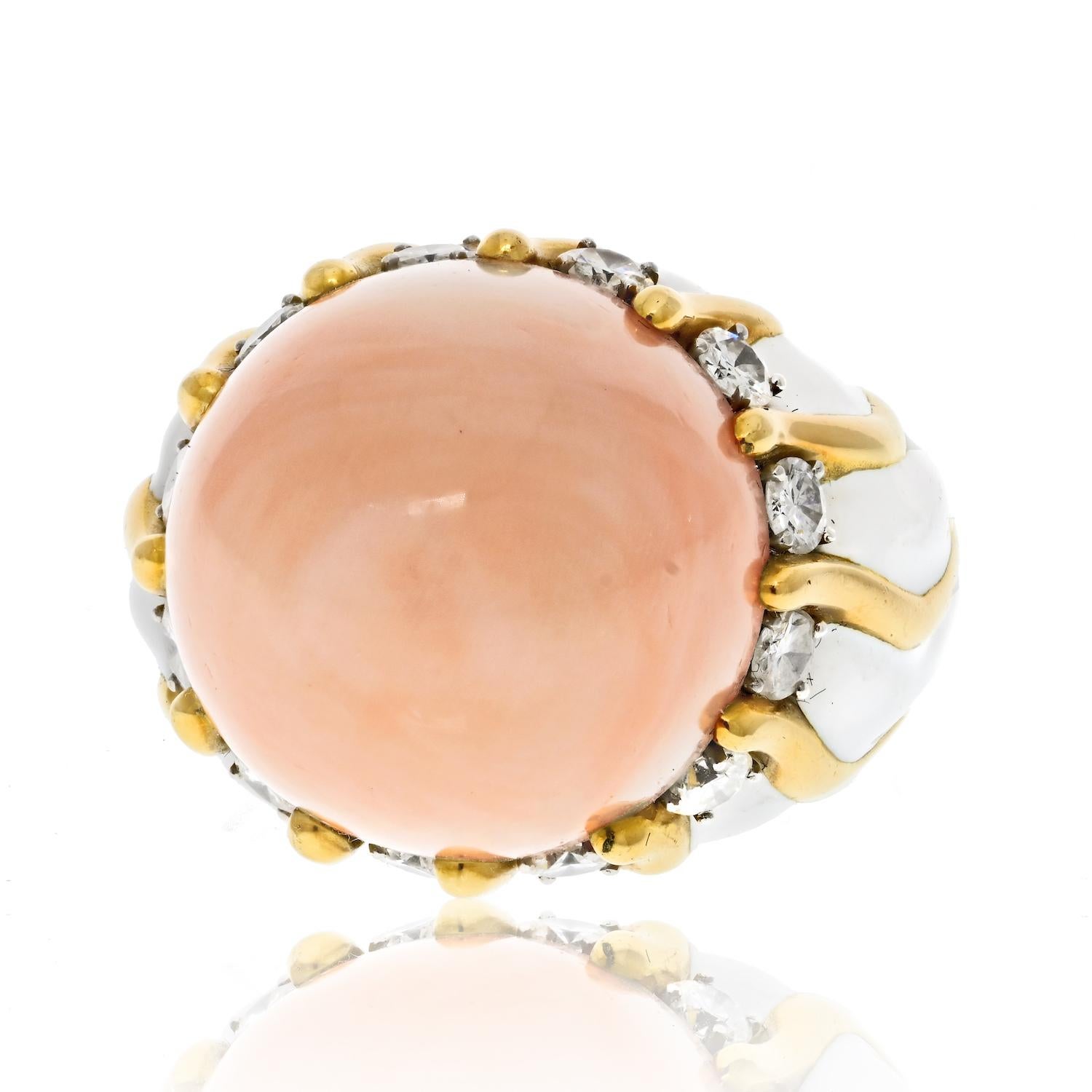 Round Cut David Webb Gold and Enamel Angel Skin Coral and Diamond Cocktail Ring For Sale