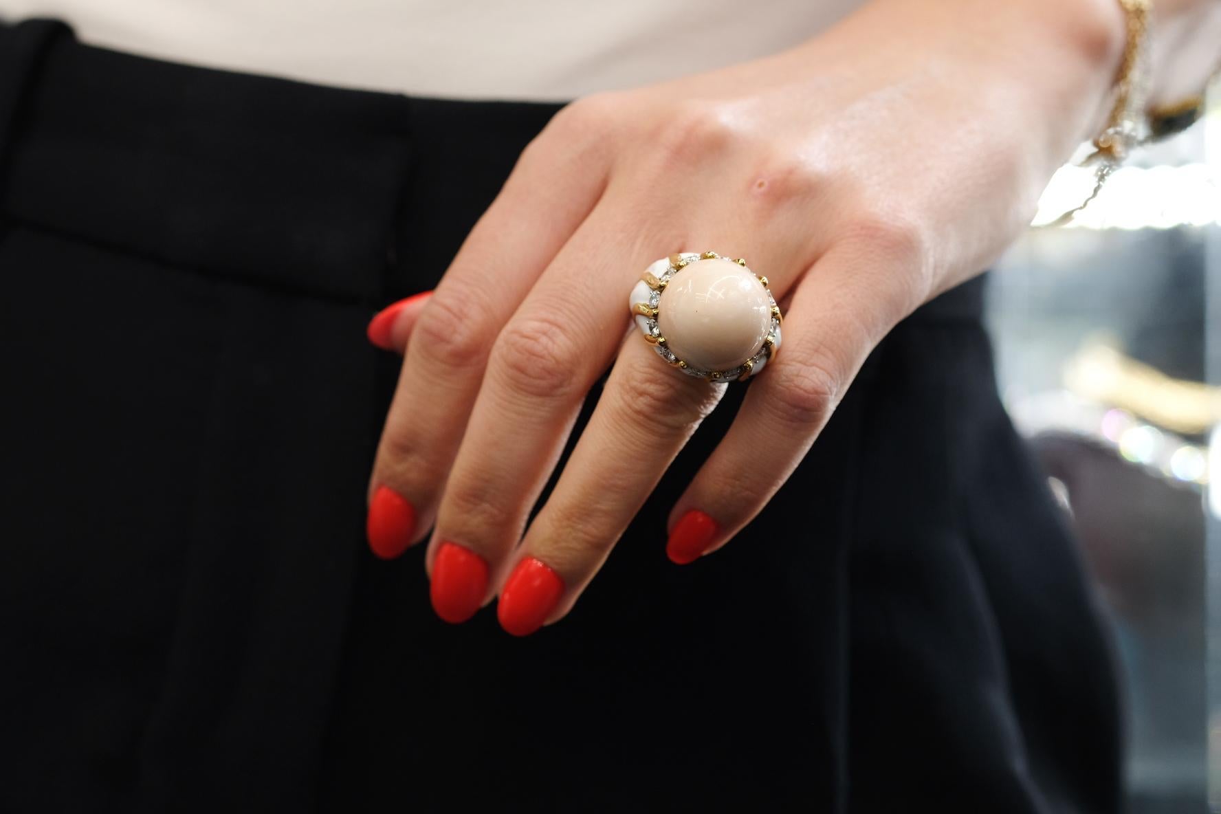 Women's David Webb Gold and Enamel Angel Skin Coral and Diamond Cocktail Ring For Sale