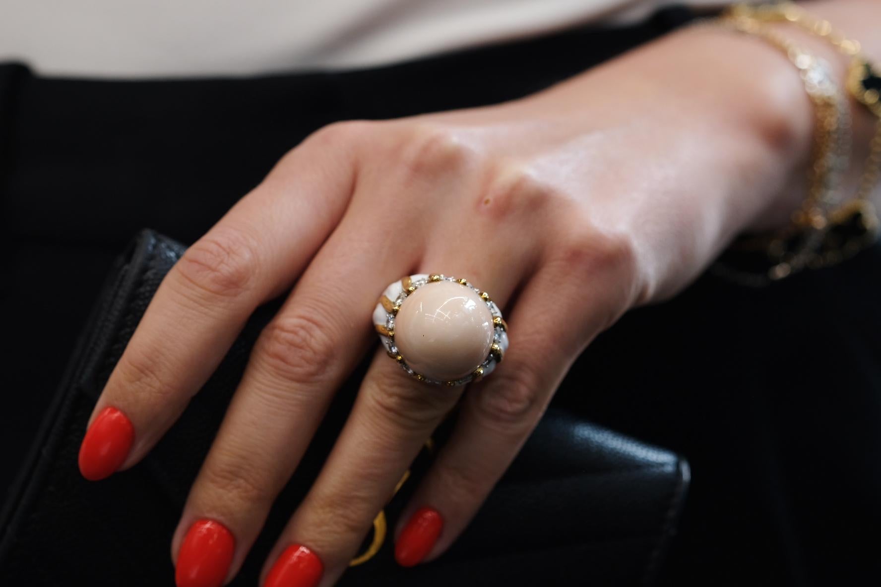 David Webb Gold and Enamel Angel Skin Coral and Diamond Cocktail Ring For Sale 1