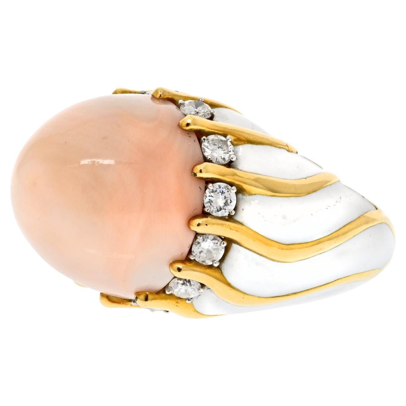 David Webb Gold and Enamel Angel Skin Coral and Diamond Cocktail Ring For Sale
