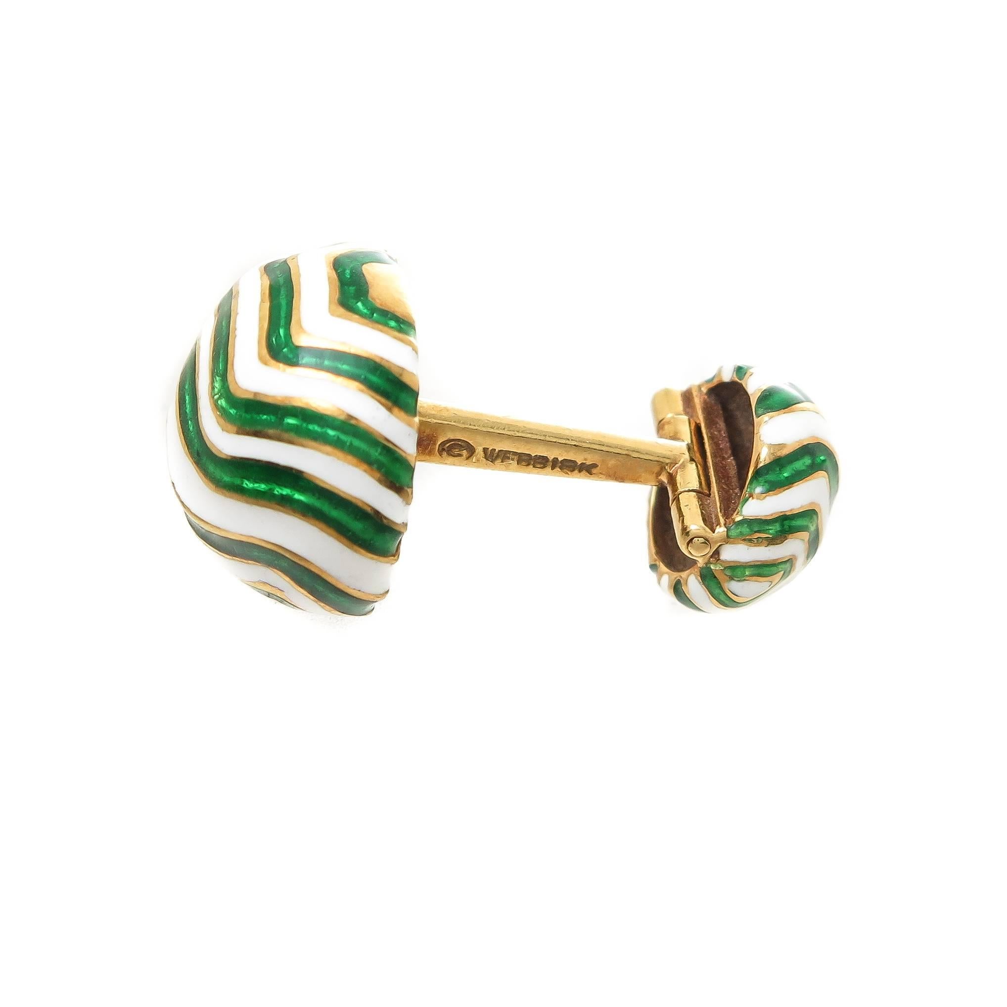 Circa 1990 David Webb Classic Cufflinks, 18K Yellow Gold and measuring 5/8 X 5/8 inch across the top, finished in bright White and Green enamel. Easy to put on and take off mechanism.