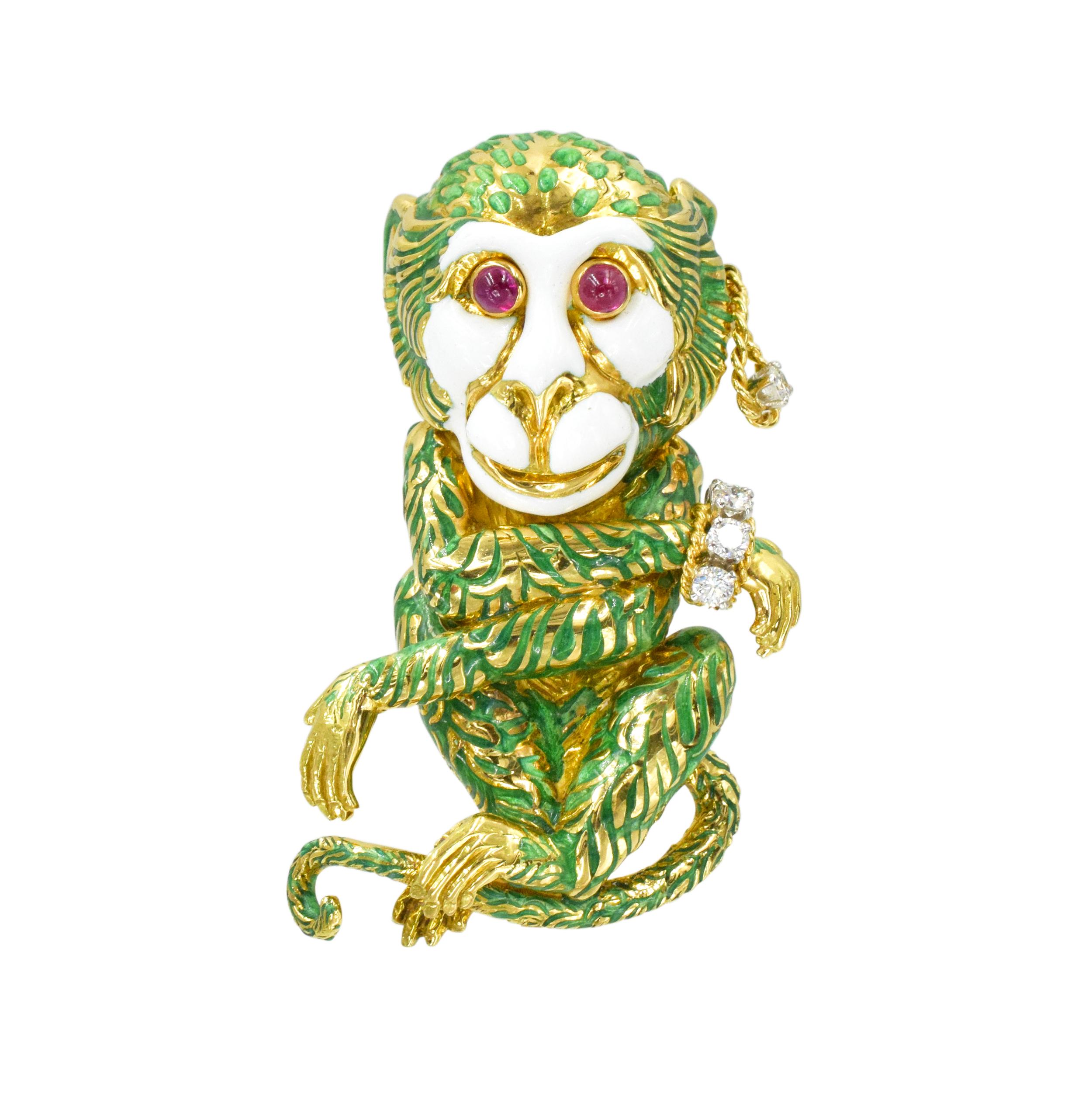 Enamel, 18k Yellow Gold, and Diamond Monkey Brooch, David Webb This brooch has a 'monkey' motif with green and white enamel, ruby eyes, and diamonds. Signed
David Webb, 18k 900