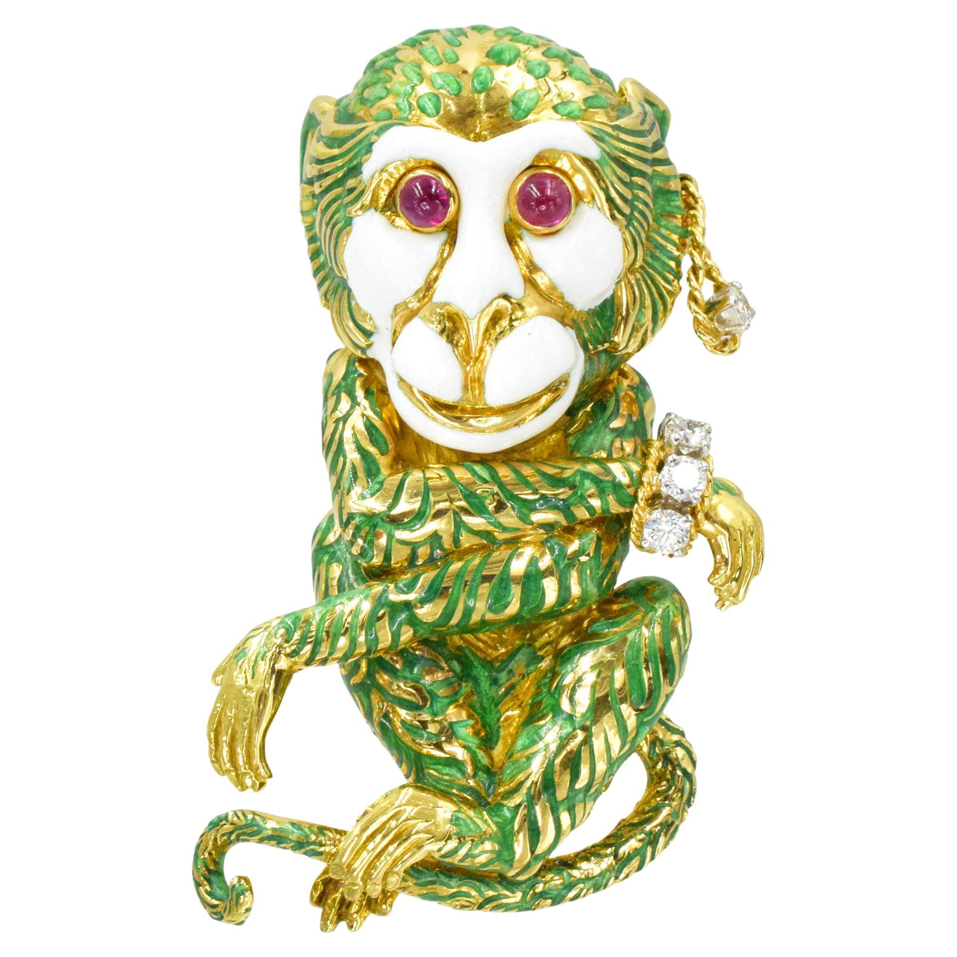 David Webb Gold and Enamel "Gypsy Monkey" Brooch For Sale